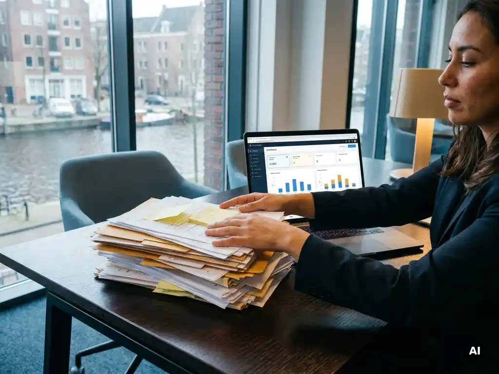Sales rep clearing paper reports from a modern desk to reveal a CRM dashboard on a laptop in an Amsterdam office.