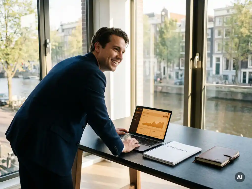 Sales rep reviewing a CRM pipeline dashboard on a laptop at a modern desk, Amsterdam canal light streaming through floor-to-ceiling windows.