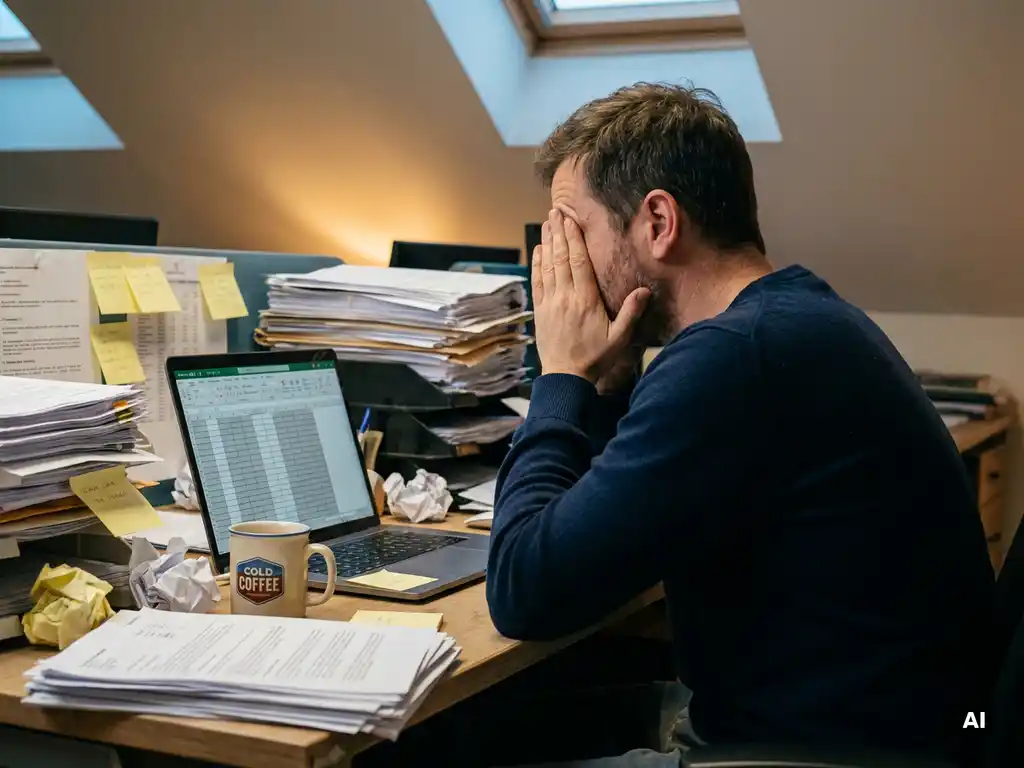 Frustrated sales rep at cluttered desk surrounded by stacked spreadsheets, sticky notes, cold coffee, and a laptop with empty cells.