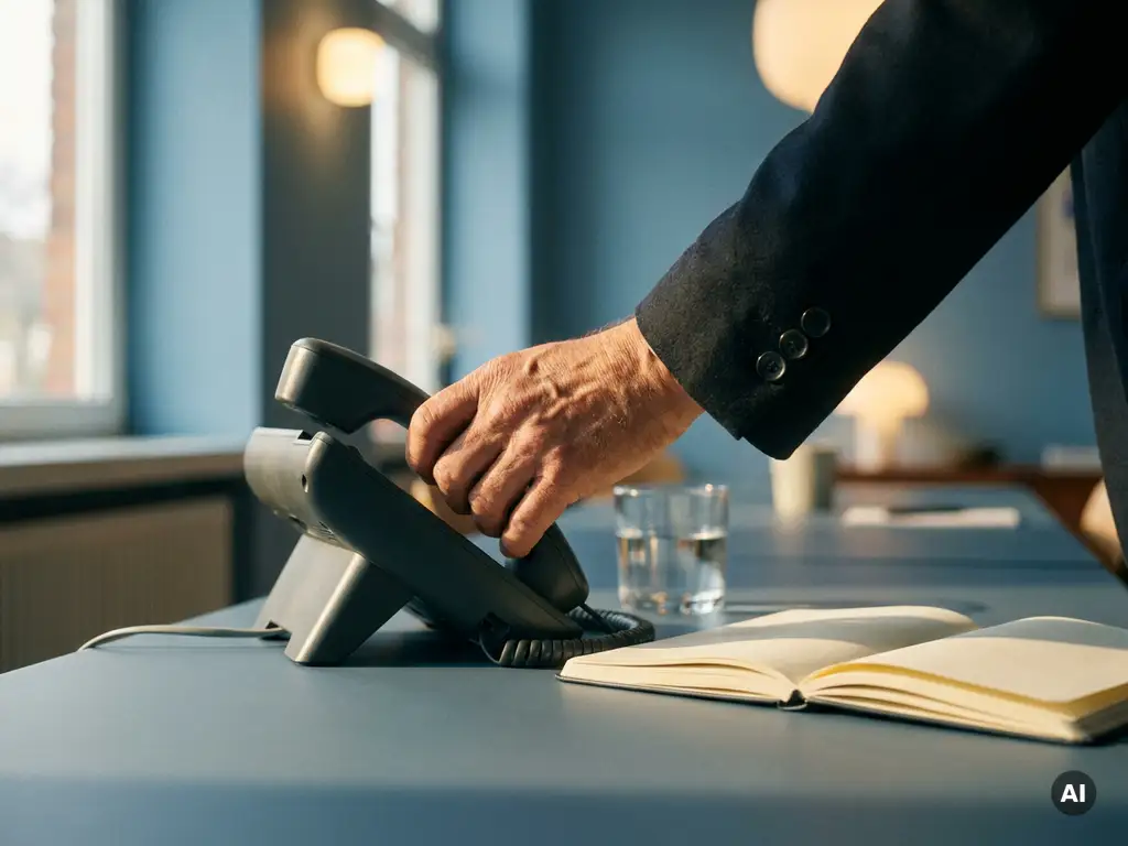 Salesperson gripping a desk phone handset over a minimal workspace with an open notebook, warm ambient light, shallow depth of field.