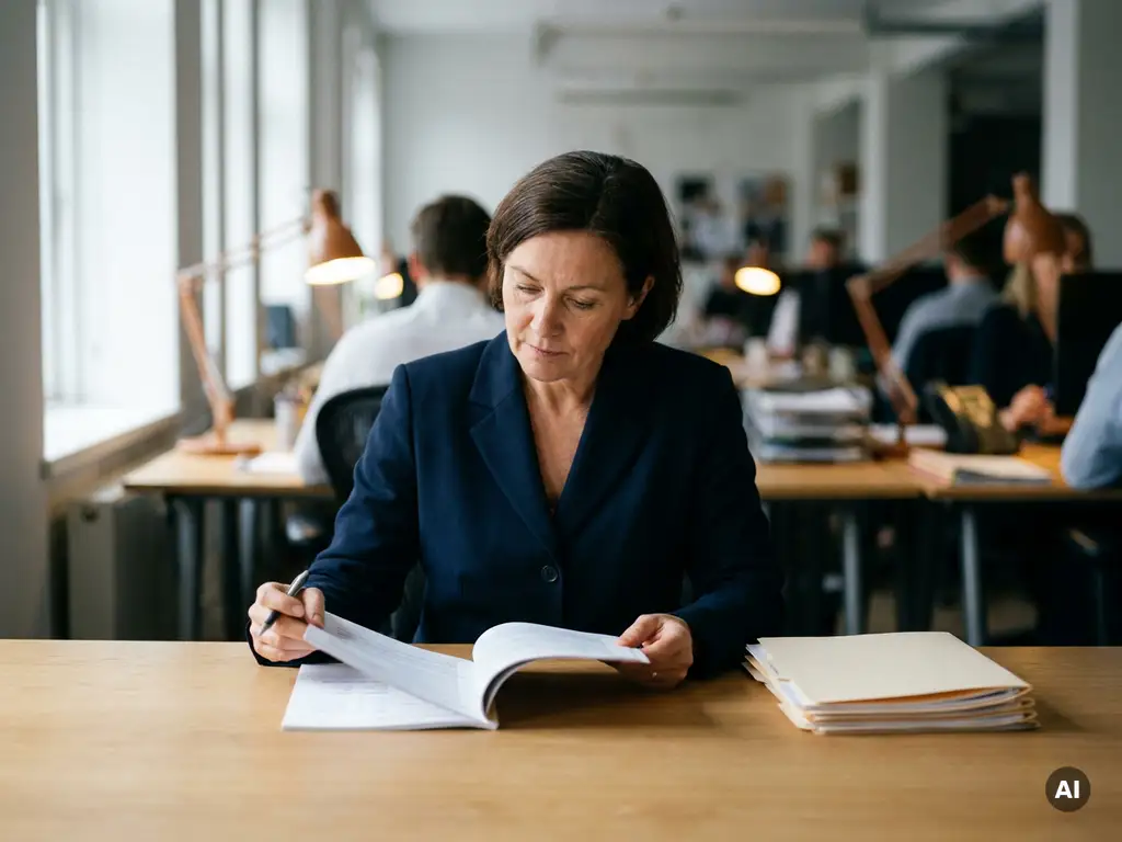 Salesperson calmly reviewing a printed prospect report at a clean desk, with a small stack of qualified folders, amid a blurred busy office background.