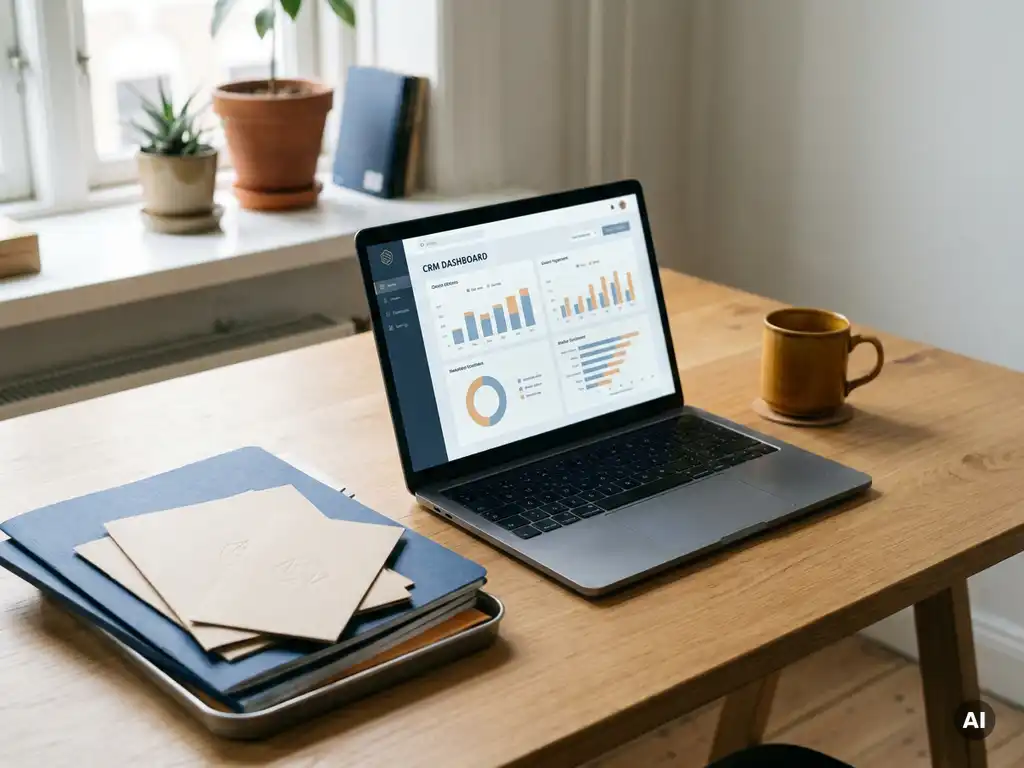 Organized salesperson's desk with a laptop displaying a CRM dashboard, surrounded by branded folders and prospect cards in navy and amber tones.