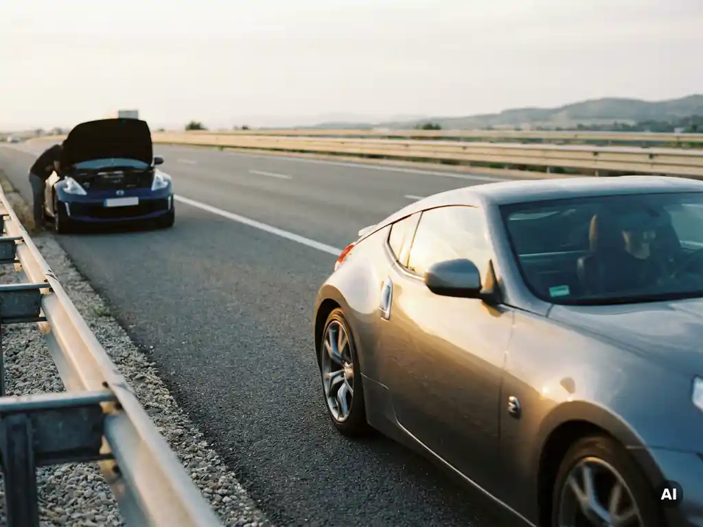 Two sports cars on a highway: one accelerating smoothly, another stalled on the gravel shoulder with hood raised, bathed in warm amber sunlight.