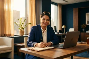 Salesperson in a navy blazer writing a handwritten note at a modern desk beside a laptop, warm afternoon light from an office window.