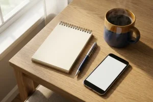 Oak desk flat lay with blank notepad, pen, steaming coffee, and smartphone in warm morning light, evoking a sales workspace ready for the day.