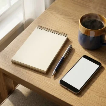 Oak desk flat lay with blank notepad, pen, steaming coffee, and smartphone in warm morning light, evoking a sales workspace ready for the day.